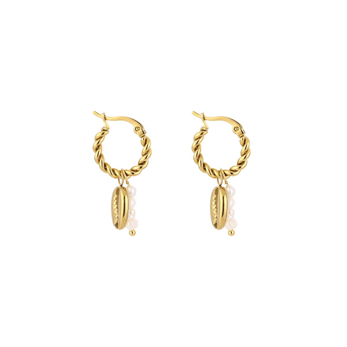 Stainless Steel Twisted Hoops with Cowrie Shell & Pearl Drop – Luxe Gevlochten Oorringen met Kauri Schelp & Parel – RVS