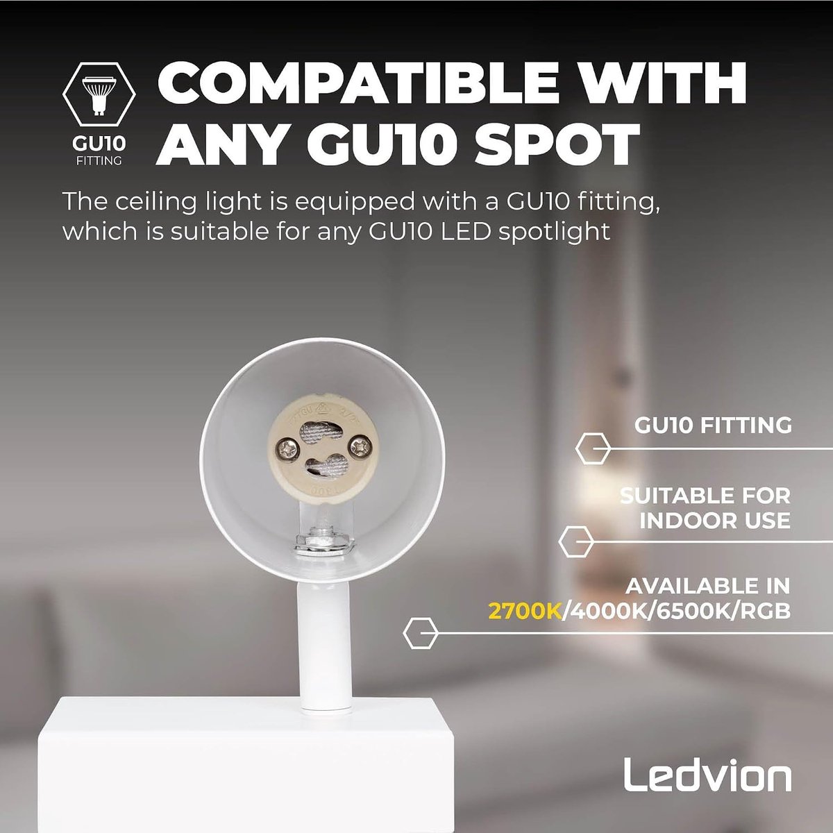 - LED Plafondspot, Wit 2-lichts, Dimbaar, 5W, 2700K, Rechthoekig, GU10 fitting, IP20, kantelbaar, incl. GU10 lamp