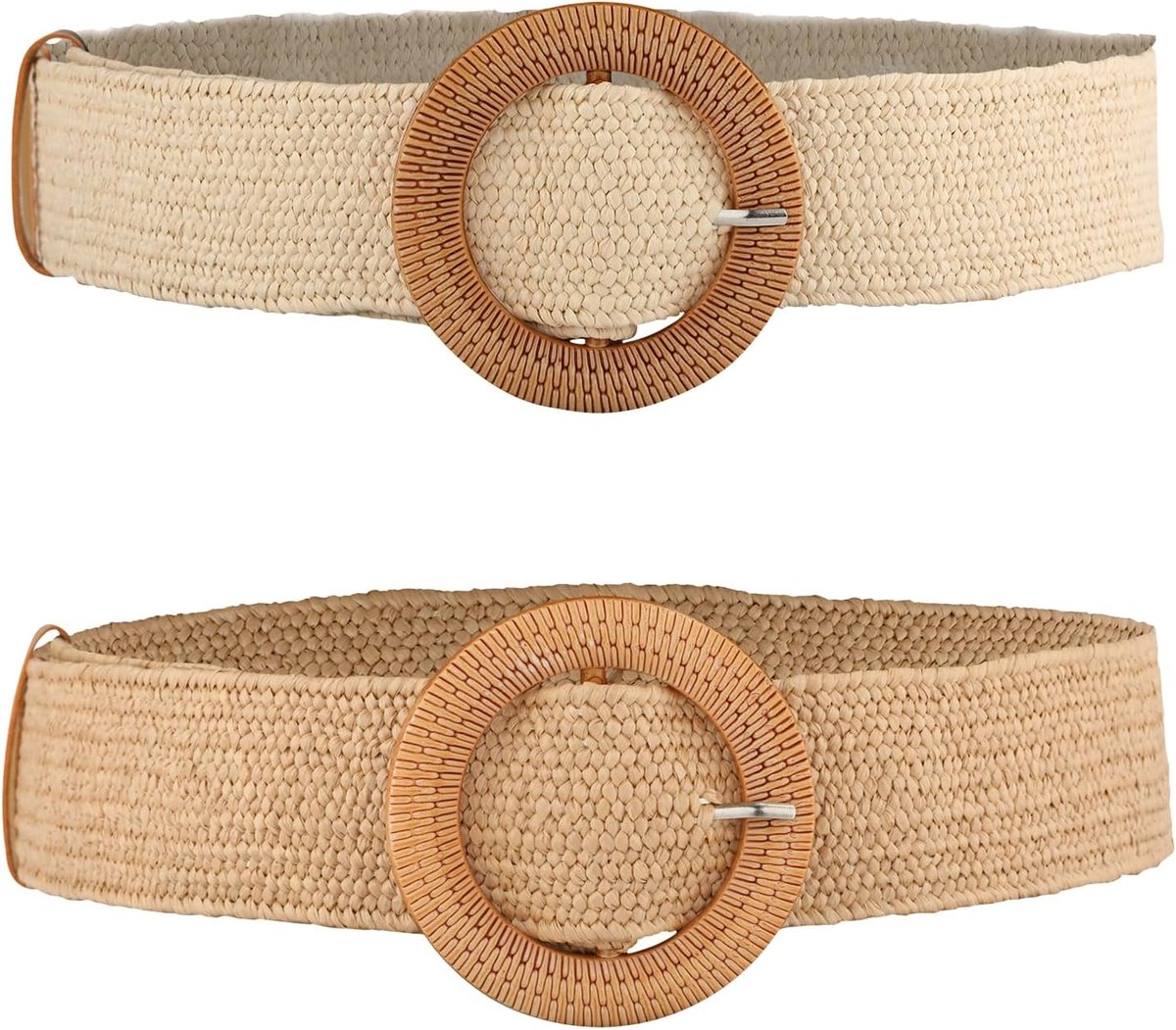 2-Piece Braided Straw Dress Belts with Wooden Buckle - Beach-Ready Wide Waist Belts for Women's Summer Dresses (White, Light Tan)