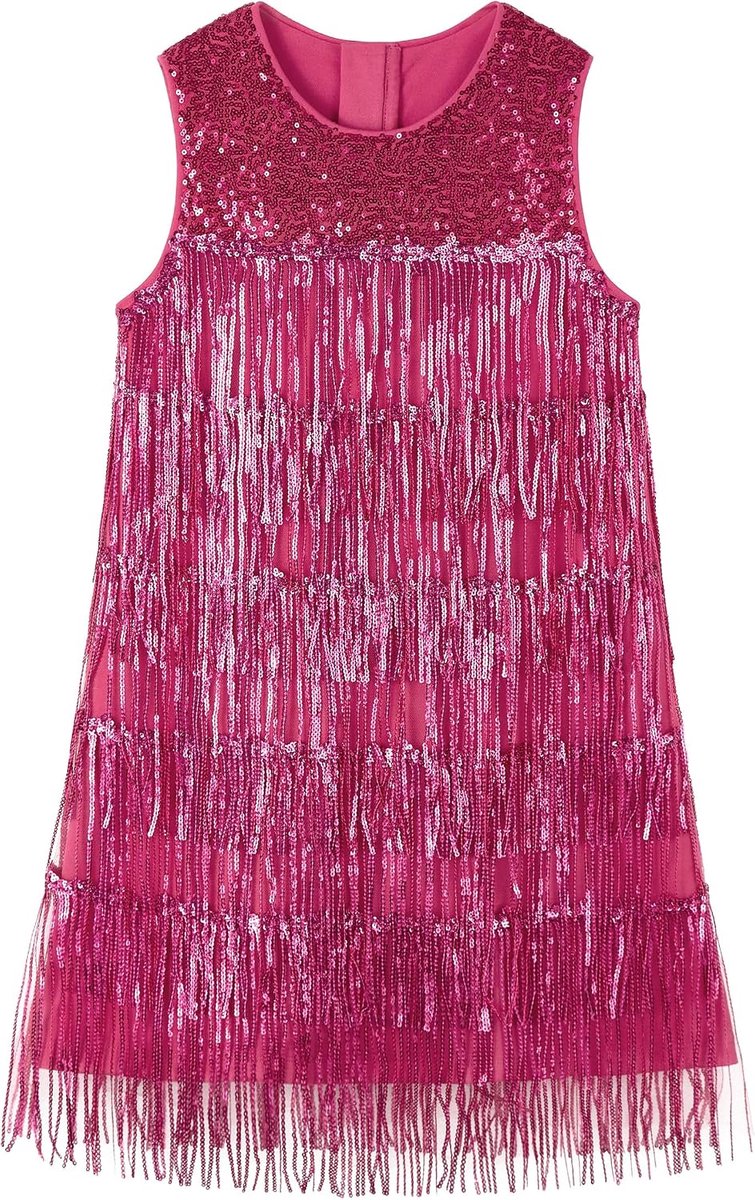 Jurk met pailletten en kwastjes voor meisjes, glanzend, carnaval, jurk met pailletten, mouwloos, vintage, jaren 20 met franjes, feestjurk