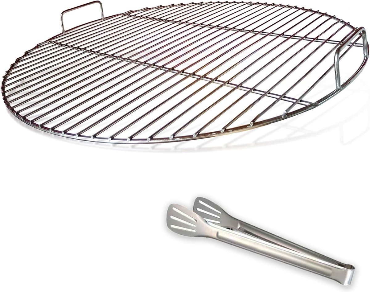 304 Grillrooster, roestvrij staal, rond, met handgreep, 54,5 cm diameter, voor 57 cm houtskoolbarbecues, bijv. Weber, vervangende kogelgrill 57 cm, met grillclips