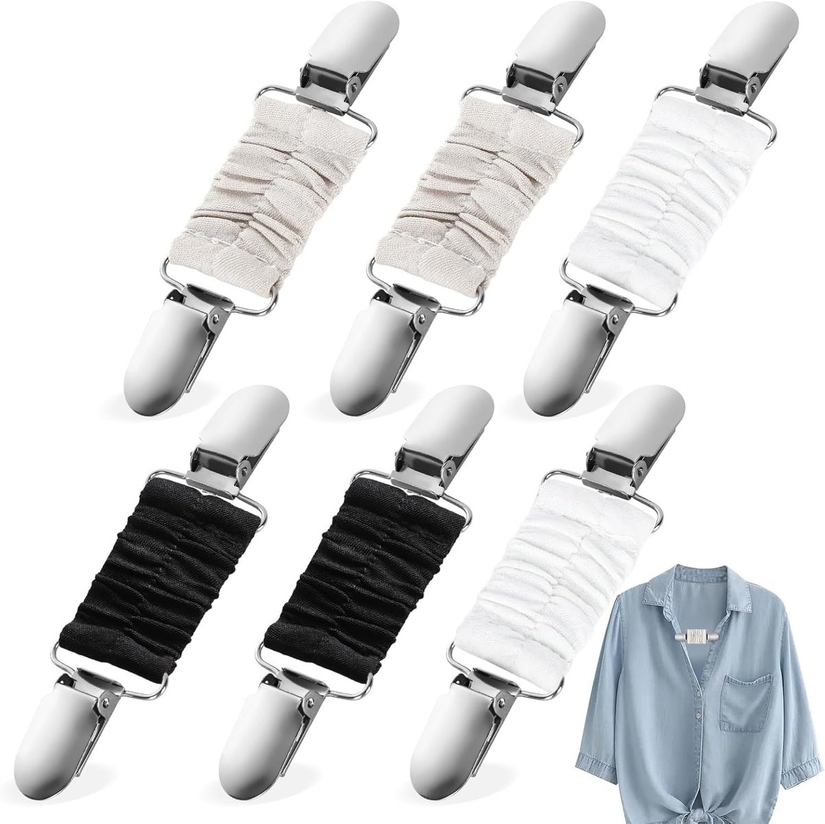 6 x cinch-clip, elastisch, zwart, wit, grijs, 12 x 3 cm, voor jurken | Klemmen voor kleding, in 3 kleuren, voor het vasttrekken, aanpassen van kleding, voor truien, sjaals, tops, jassen, broeken