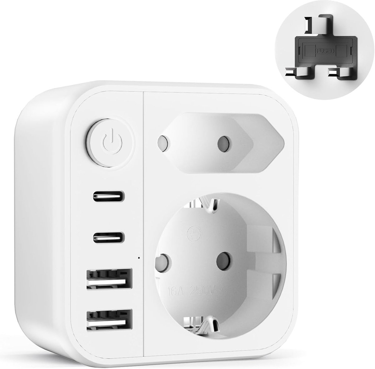 6-in-1 Adapter Engeland-Duitsland, Grestar Reisadapter VK met 2 USB-A-poorten, 2 USB-C-poorten en een schakelaar. Stopcontactadapter Engeland/Type G voor Ierland, Dubai, Schotland en Malediven.