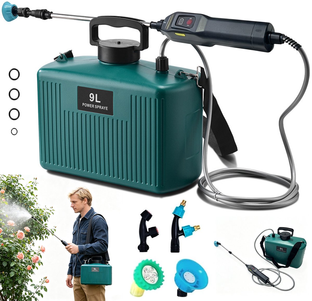 Rugspuit - Accu Sproeier - Draagbare Plantenspuit - Tuinsproeier met 4 Sproeikoppen - 9L - Elektrisch - 2500mAh - 2 Standen - 22-60 cm - Gifspuit - Voor Tuin en Gazon