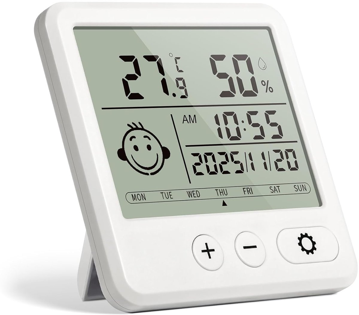 Digitale thermometer en hygrometer voor gebruik binnenshuis, 19 cm in groot scherm, voor het meten van de temperatuur en luchtvochtigheid binnenshuis, met kalender en tijd, geschikt voor