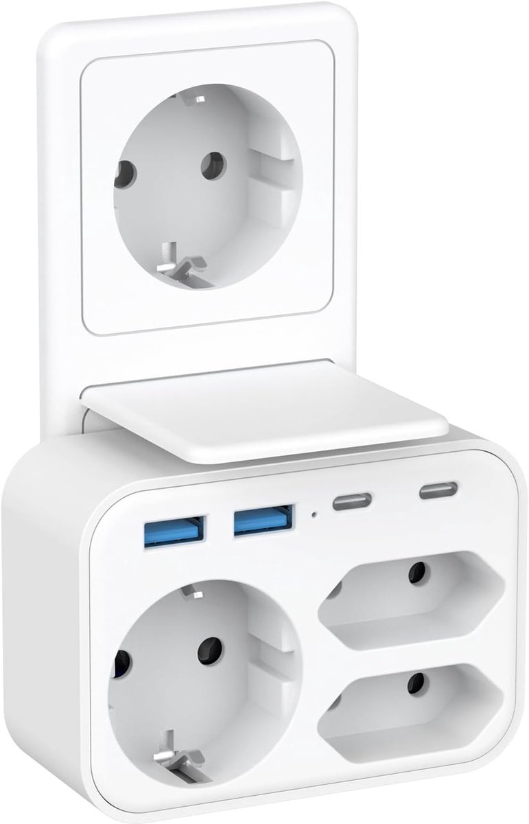 stopcontactstekker, 3 stopcontacten met 2 USB A-poorten en 2 USB C-poorten, stopcontactadapter 3680W 16A met 4 USB-poorten snel opladen, verlengkabel voor telefoon en huishoudelijke