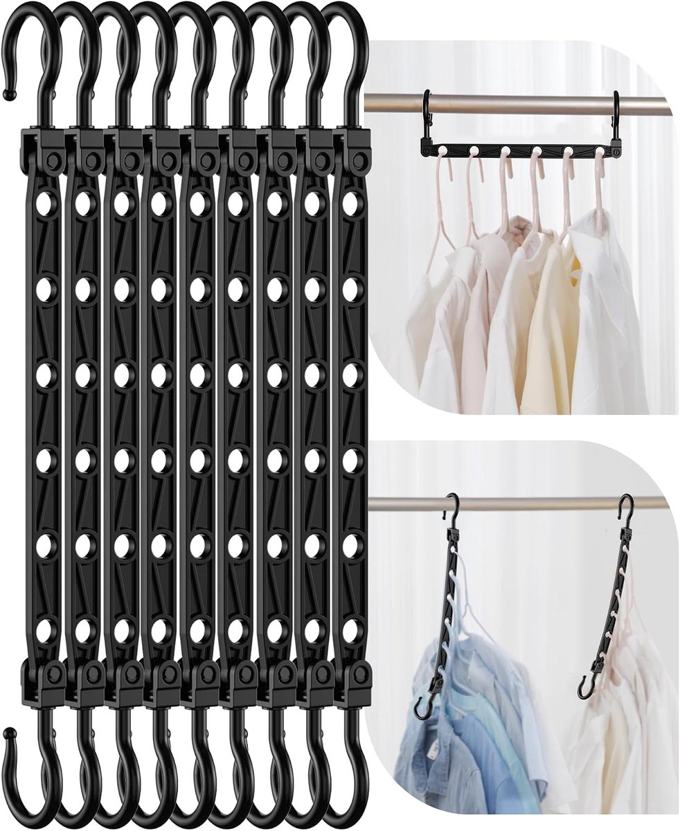 Kleerhangers, 8 stuks, magische hangers met 6 gaten en 360° draaihaken, stabiele haken voor zware kleding, kastorganizer, ideaal voor studenten, meisjeskamer, zwart