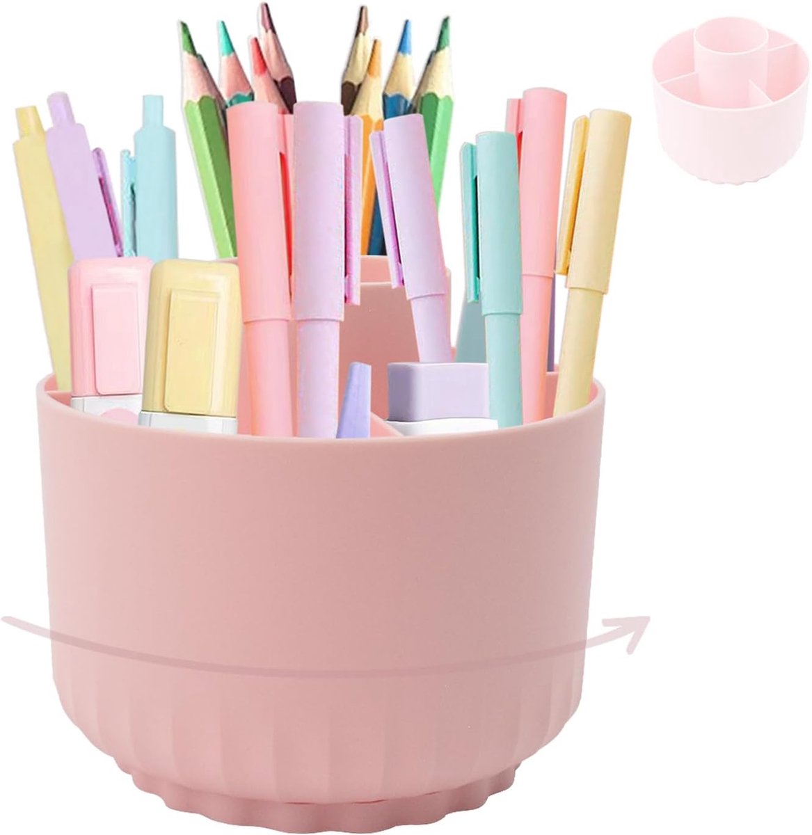 360° roterende pennenhouder, 5 compartimenten partitieopslag, grote capaciteit organisatie-opslag, potloden, pennen, linialen, classificatie van cosmetische borstels, kantoor, bureau, student