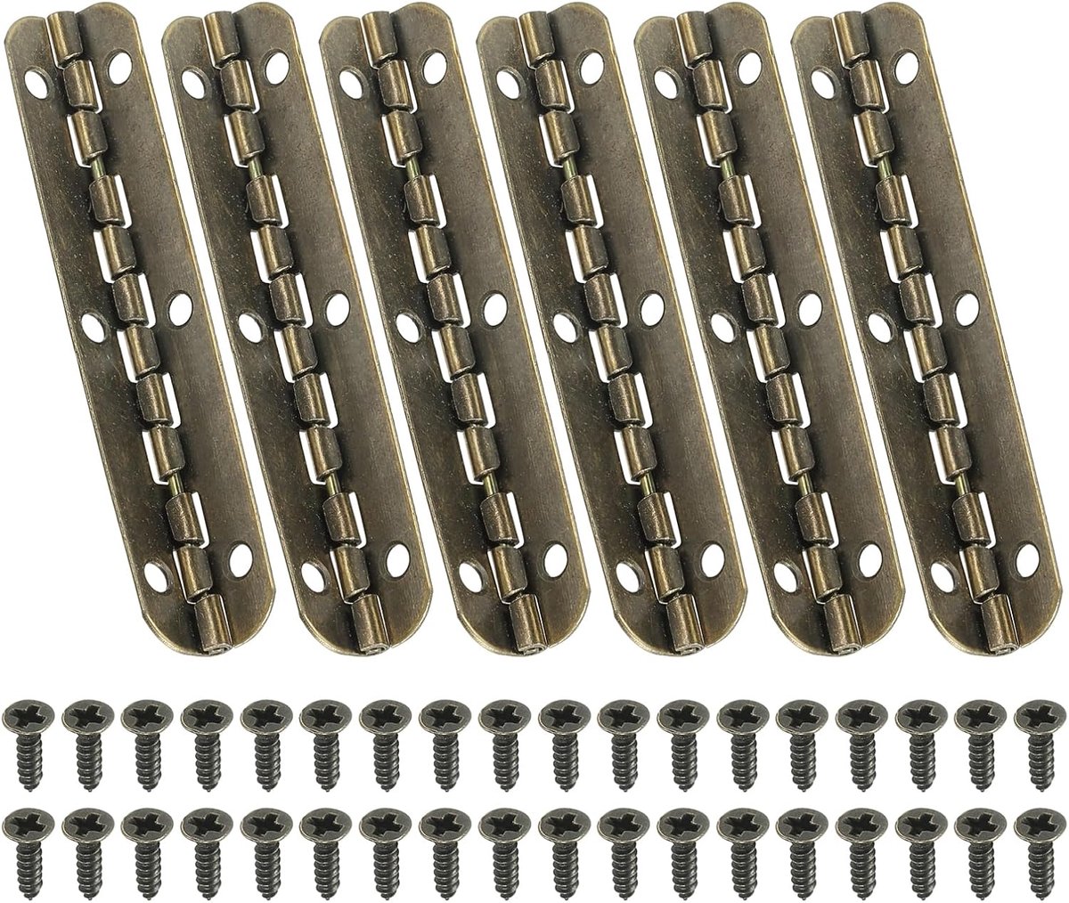 Klein pianoscharnier 6,6 cm x 1,5 cm, 6 stuks mini 90-graden sieradendoos scharnieren met schroef voor sieraden, houten kisten, bruin