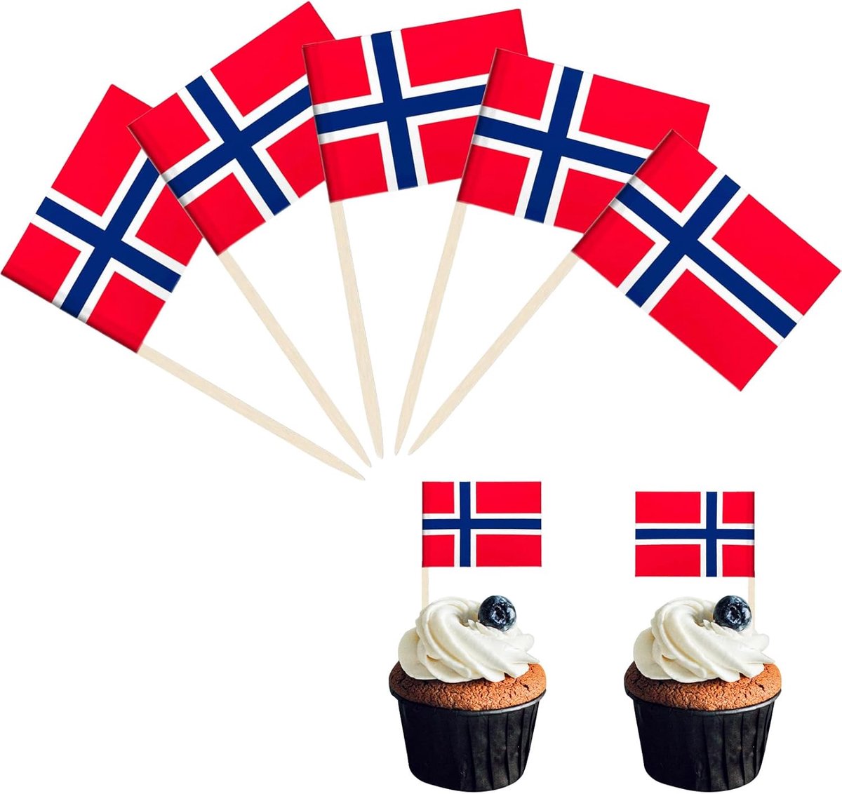 Tandenstokers met Noorse vlag cupcaketoppers, Noorse vlaggen cocktailsticks, houten taarttoppers, sandwichdecoraties voor Eurovisiefeest, euros voetbalspel, Olympische Spelen