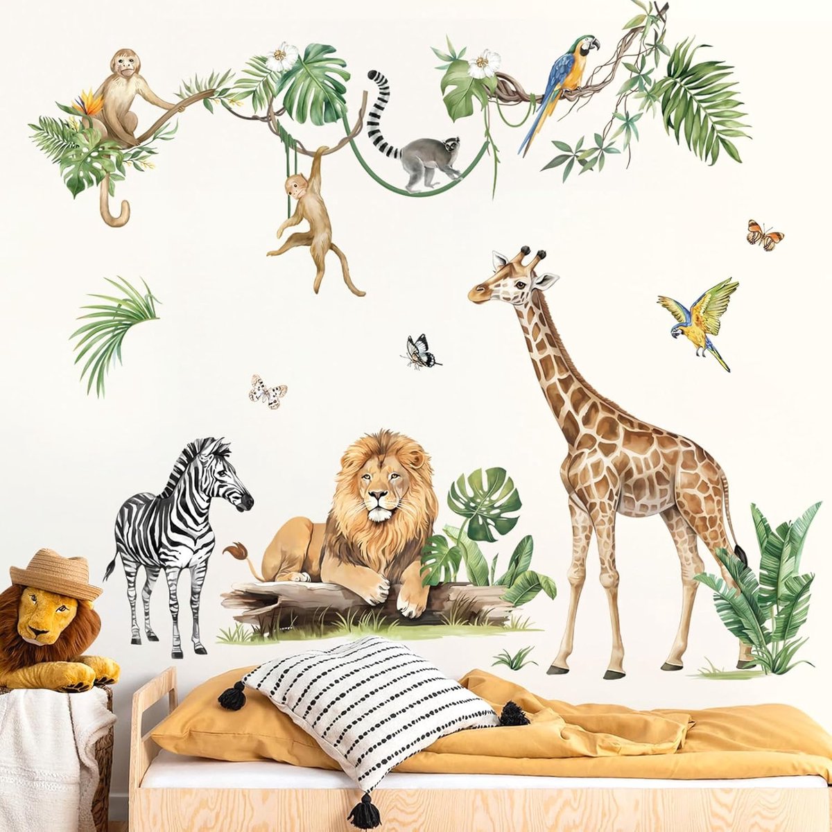 Muurstickers met jungledieren, tropische bladeren, safari, boom, leeuw, giraffe en aap, wandstickers voor de kinderkamer, slaapkamer of woonkamer, wanddecoratie.