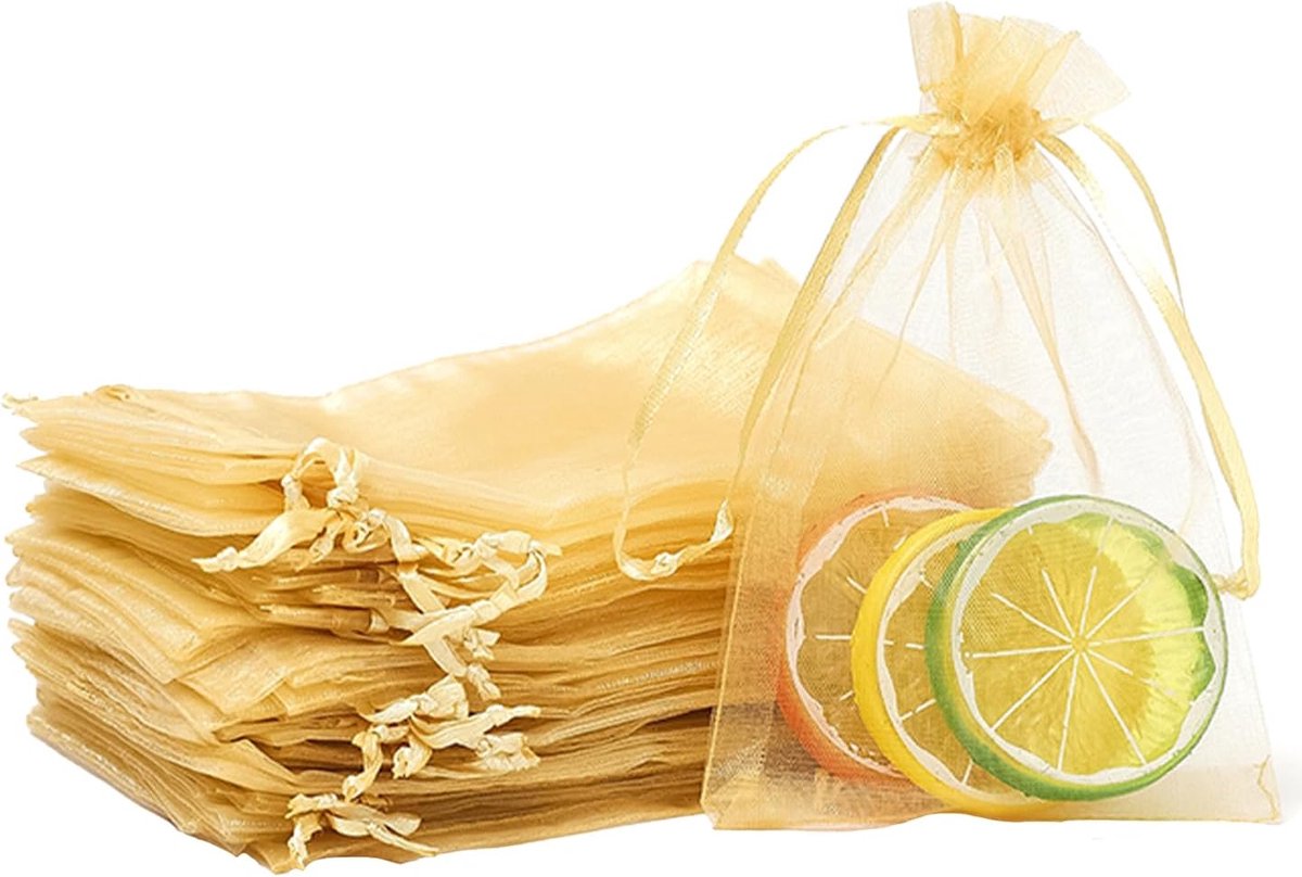 100 stuks gouden organza geschenkzakjes, 7 x 9 cm kleine organza gunstzakjes, trouwsieraden zakjes met trekkoord, mesh snoep gunstzakje feest zoete zakjes voor verjaardag, bruiloft, Kerstmis,