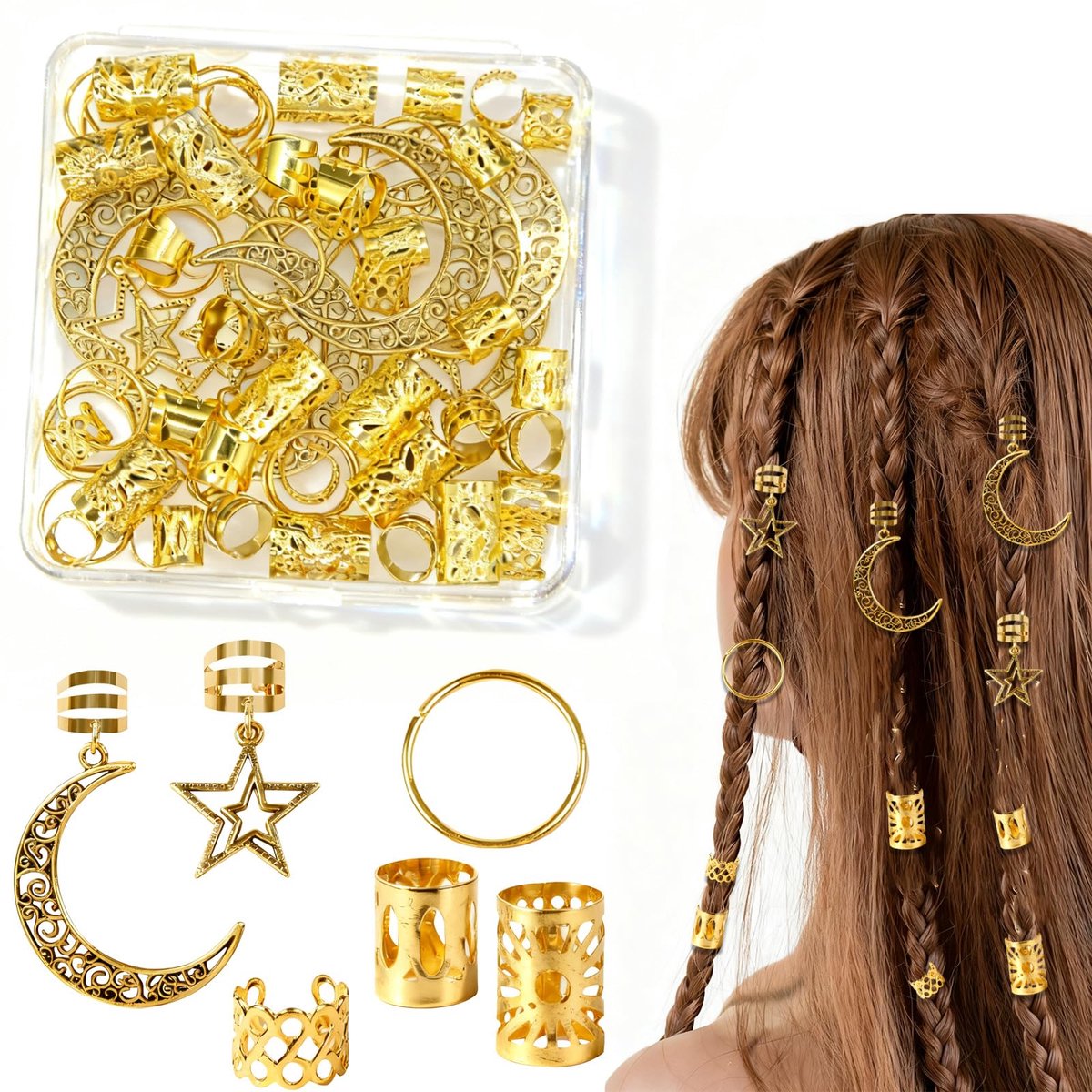Haarmanchetten en kralen, gouden haarsieraden met ster-maanbedels voor vlechten, legeringsclips voor vrouwen, feest- en fotoshoot-barokke accessoires