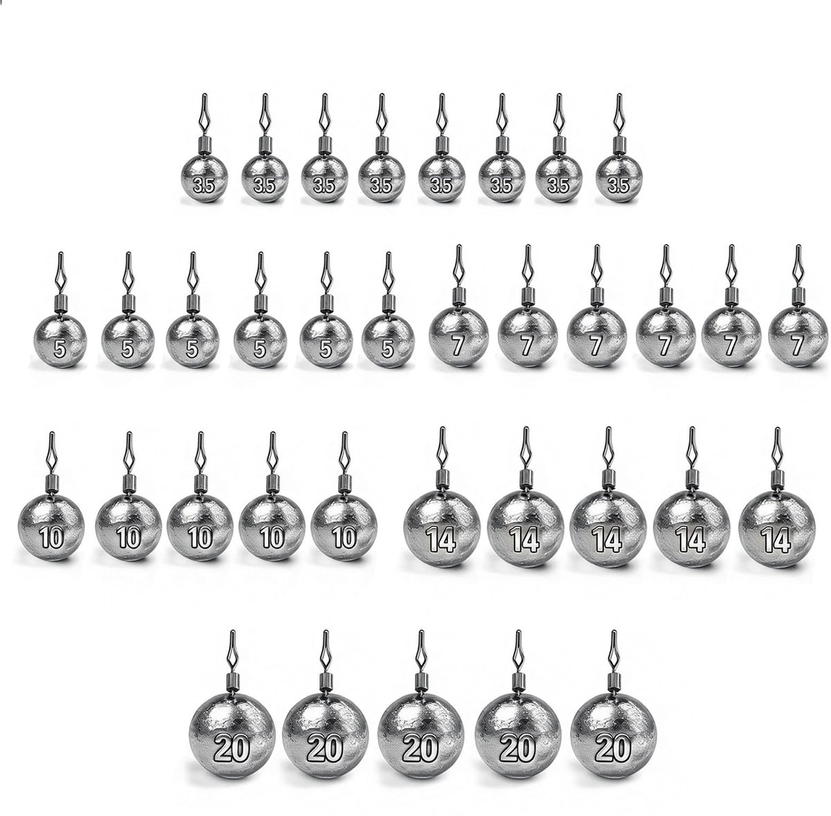 set gewichten, loodgewichten, zinker, 35 stuks, specificatie 3,5 tot 20 g, voor drop-shot lood, rollende spinner, vissen, zinker, vissen snapt