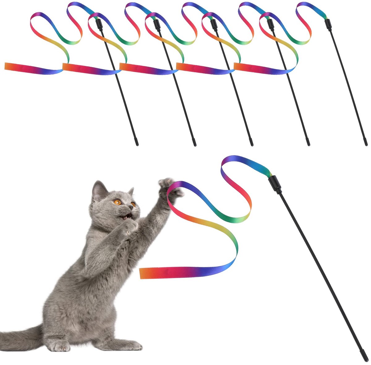 Cat Wand interactief speelgoed, 5Sets kleurrijke stoffen lint sticks, kat string speelgoed voor indoor interactief, huisdier speelgoed voor kitten sporters accessoires (Rainbow Cat String Toy)