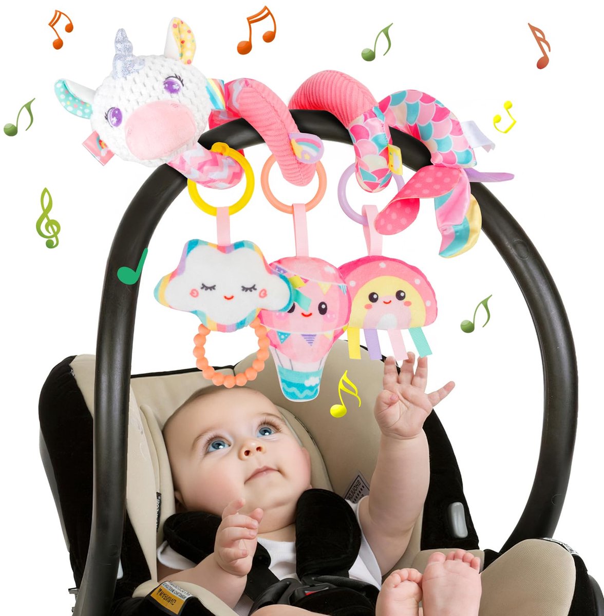 speelgoed, baby activity spiraal speelgoed met muziek, hangend spiraal pluche speelgoed voor kinderbed/autostoeltje/babyzitje, pasgeborenen cadeau voor baby 0 3 6 12 maanden, roze