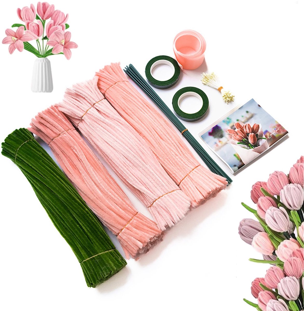 400 stuks pijpenragers, bloemenset, pijpenragers om te knutselen, 4 kleuren pipe cleaner flower set, met groen knutseldraad, cadeaulint, bloemistenlint, stofbladeren, voor doe-het-zelf kunsthandwerk