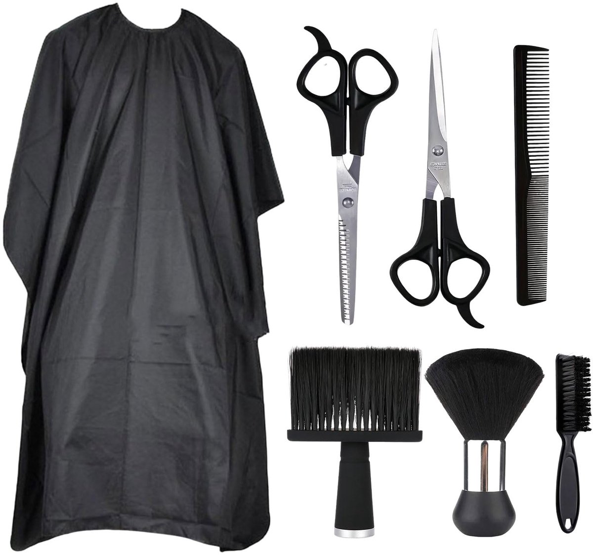 Haarschaar, Kappersborstel, Kapperskwast, Kappershalsborstel, Kapperscape, Kappersjurk, Kappersset voor het Knippen,voor Mannen, Vrouwen en Volwassenen, 7-Delige