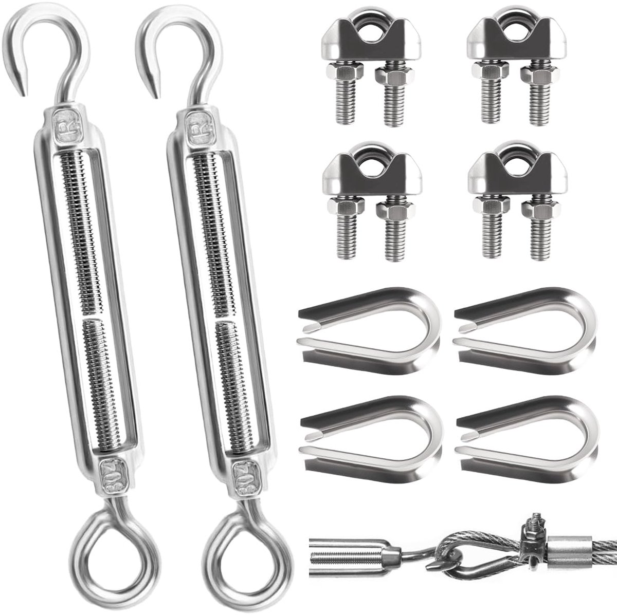 10PCS Spanschroefset M5, Spanslot Draadspanner Spanschroef Verstelbare, Spansloten Roestvrij Staal, Kabelspanner voor Staaldraad met Kabelklemmen, Turnbuckle Wire Tensioner voor Touw, Lichten, Tent