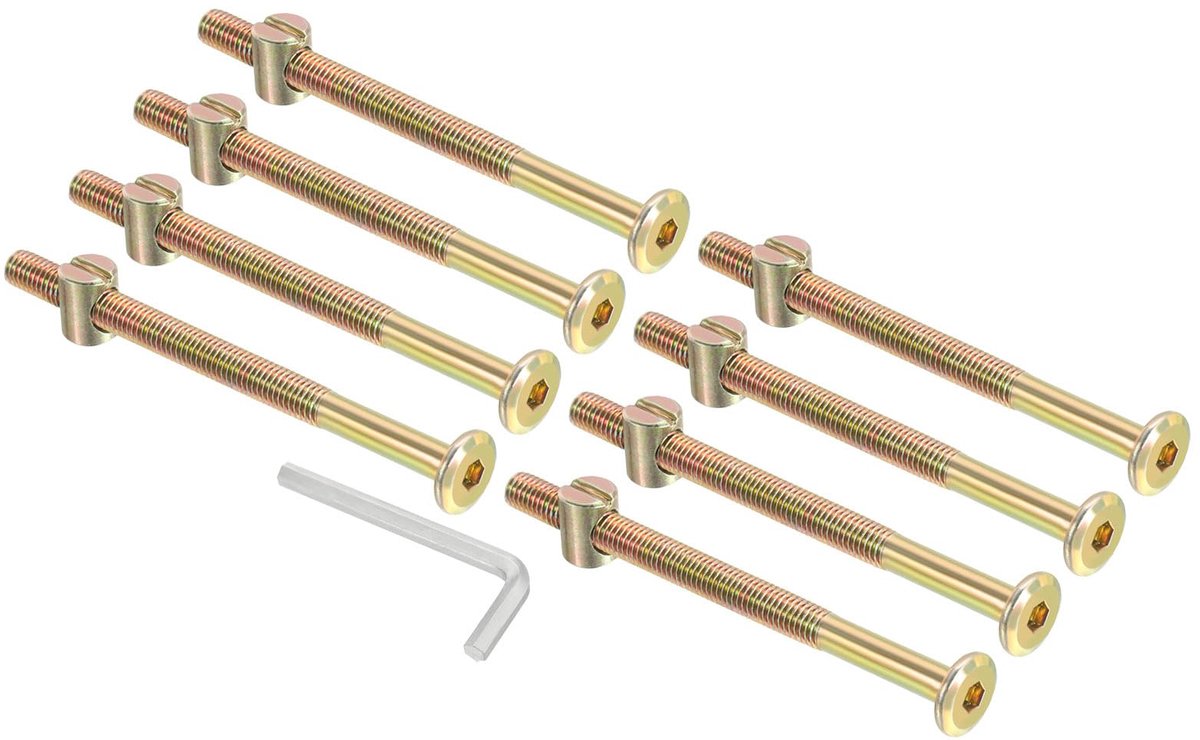 M8 x 110 mm stapelbed schroeven 8 stuks zeskantige aandrijving holle kop tonschroeven schroeven moeren assortiment set met 1 stuk moersleutel voor meubels bed zink kleur