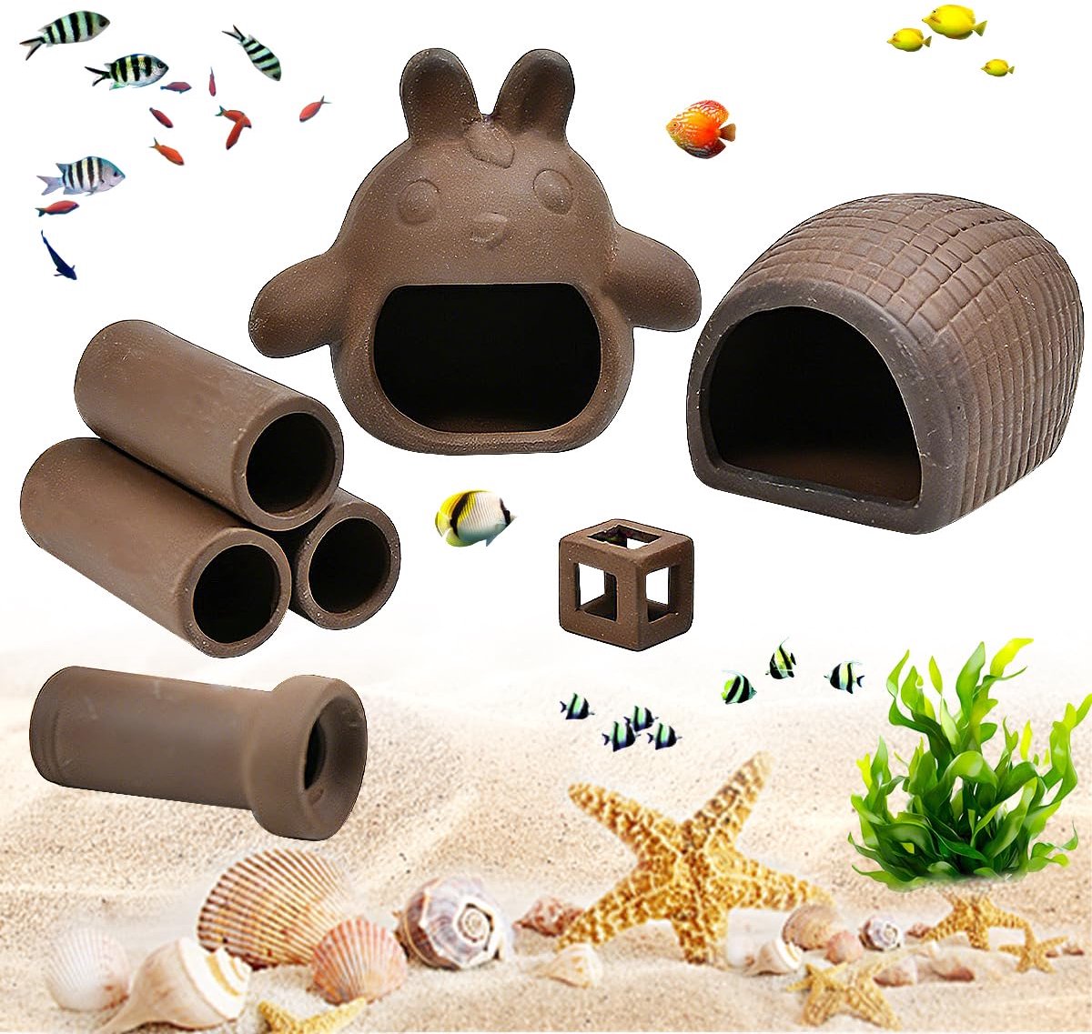 holset voor aquarium, 5 stuks, bruin klei, aquariumaccessoires, catfish, grot, garnalen, schuilplaats voor wals, fokken, lakken met buis voor garnalen, vislakken, wels, ornament