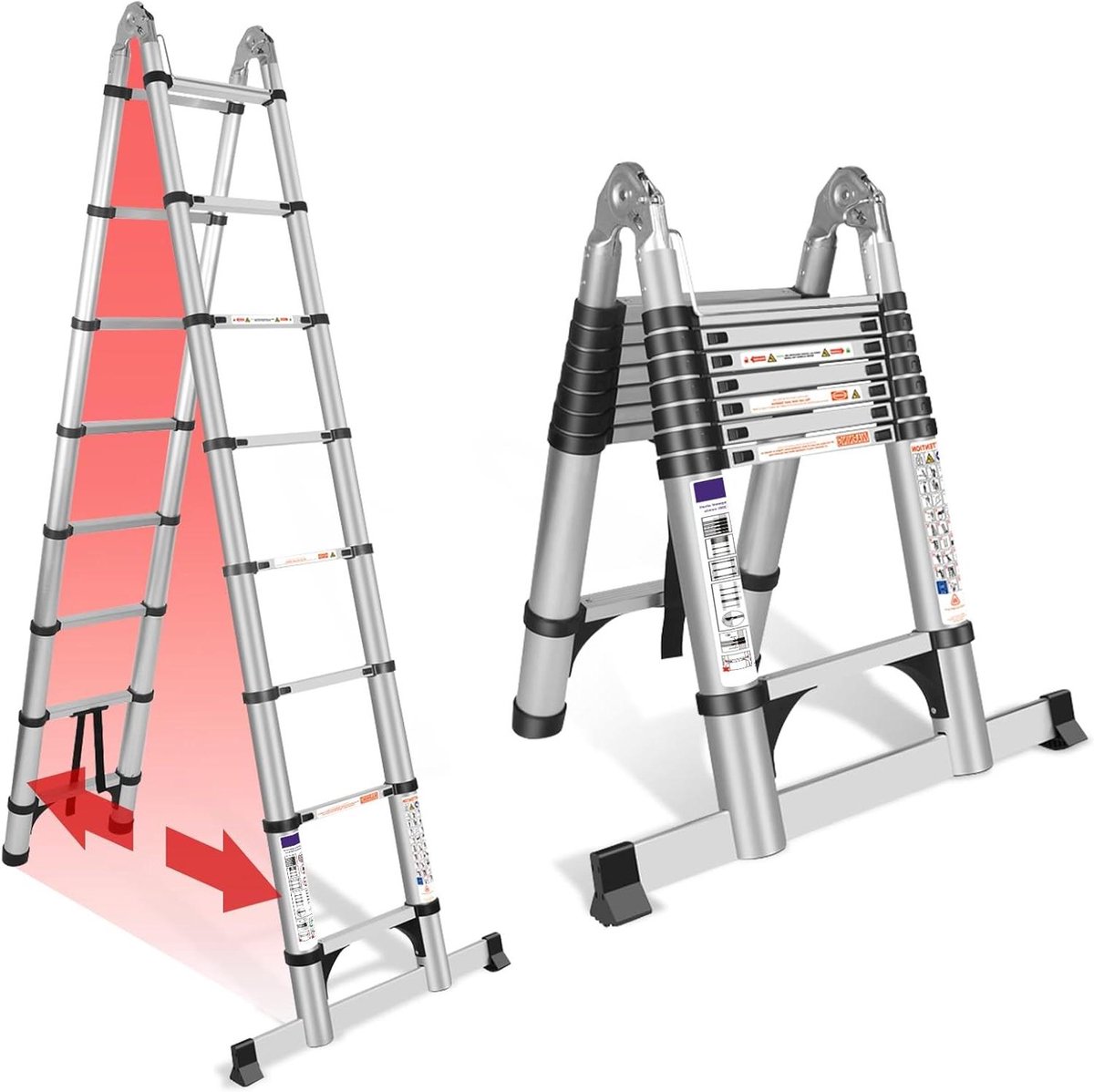 Telescopische Ladder - Klapladder Uitschuifbaar - Werkzaamheden Binnen Buiten - Verstevigde Stabilisator - 5 Meter Maximale Hoogte - Zilverkleurig