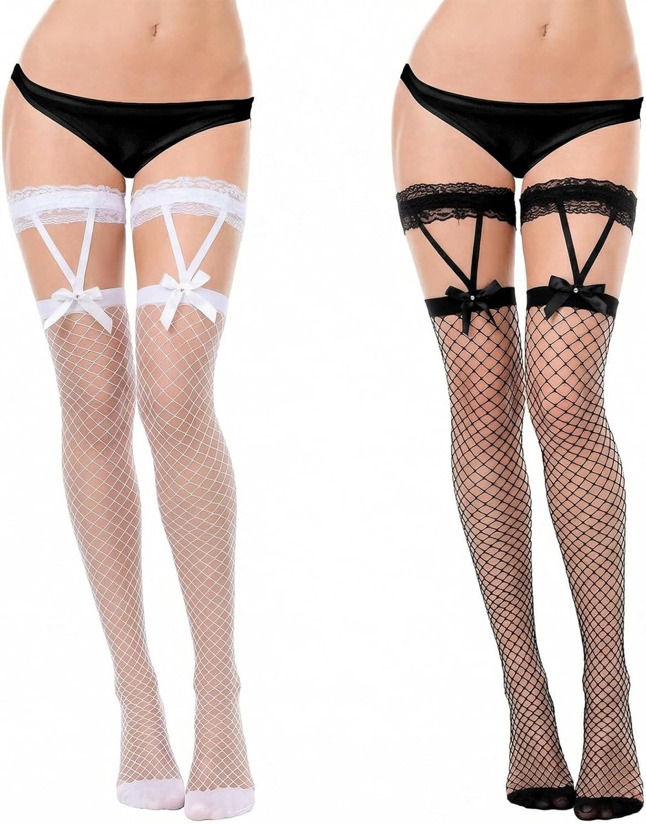 2 paar zwarte netkousen met kanten bovendeel en strikken voor dames, sexy halterkousen en jarretels, visnetkousen voor een verleidelijke look