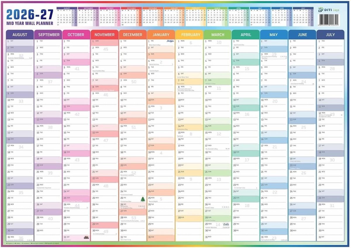Muurplanner - Glanzend Gelamineerd - Droog Afveegbaar - Verticale Lay-out - Voor Thuis, Kantoor en Klaslokaal
