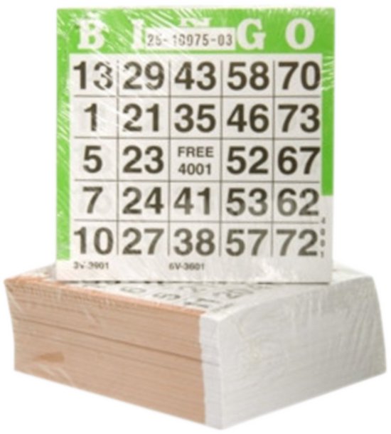 Groene bingokaart met de tekst BINGO en de cijfers 13, 29, 43, 58, 70, 1, 21, 35, 46, 73, 5, 23, FREE, 52, 67, 7, 24, 41, 53, 62, 10, 27, 38, 57, 72.