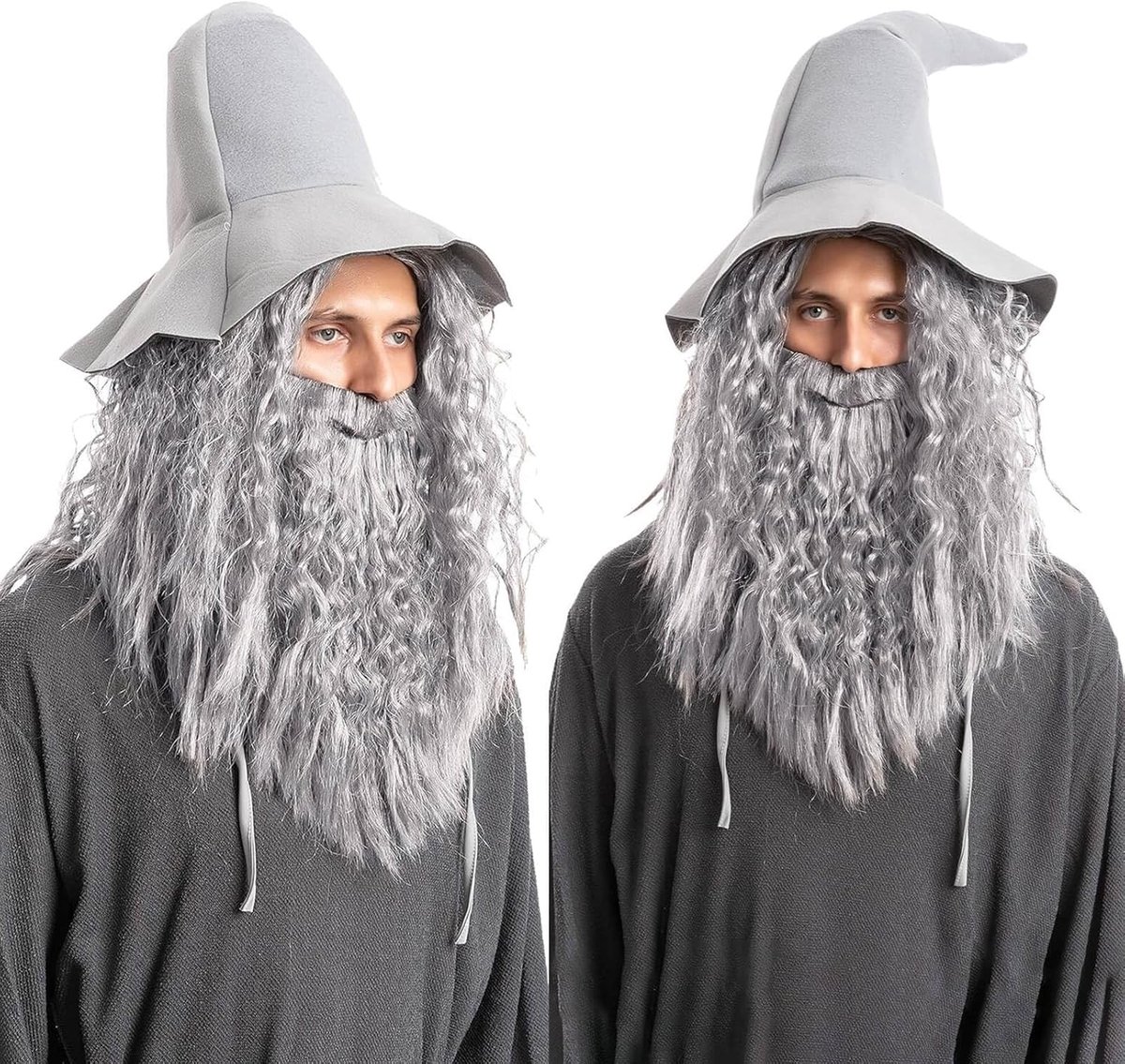 Langharige Grijze Krullende Peruk en Baard voor Cosplay, Halloween en Feestelijke Kostuums voor Mannen