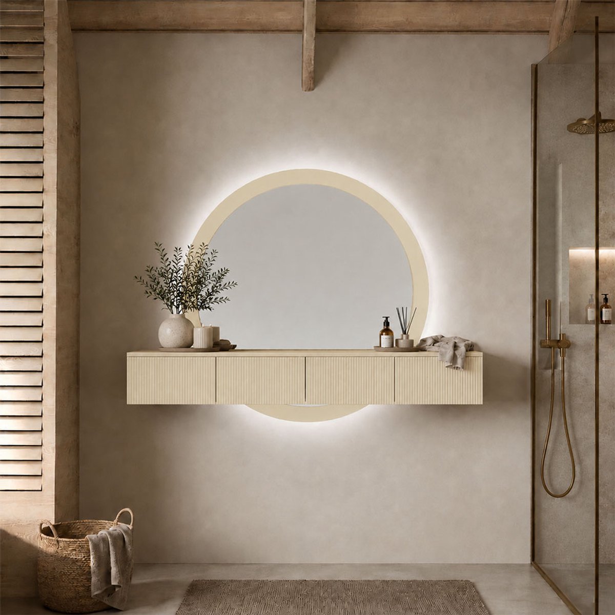 Milton & Oldbrook Hangende Kaptafel met Spiegel en Verlichting Laren Geelbeige