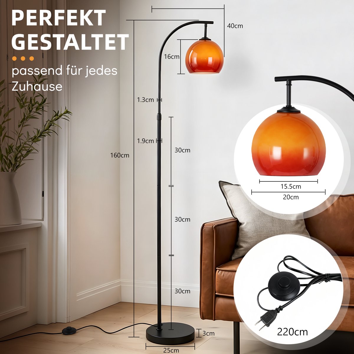 NETTLIFE E27 Boog Vloerlamp - Glazen Lampenkap - Metaal IJzer - Draaibare Arm met Voetschakelaar - voor Woonkamer | Slaapkamer | Studeerkamer- zonder Lichtbron thumbnail 4