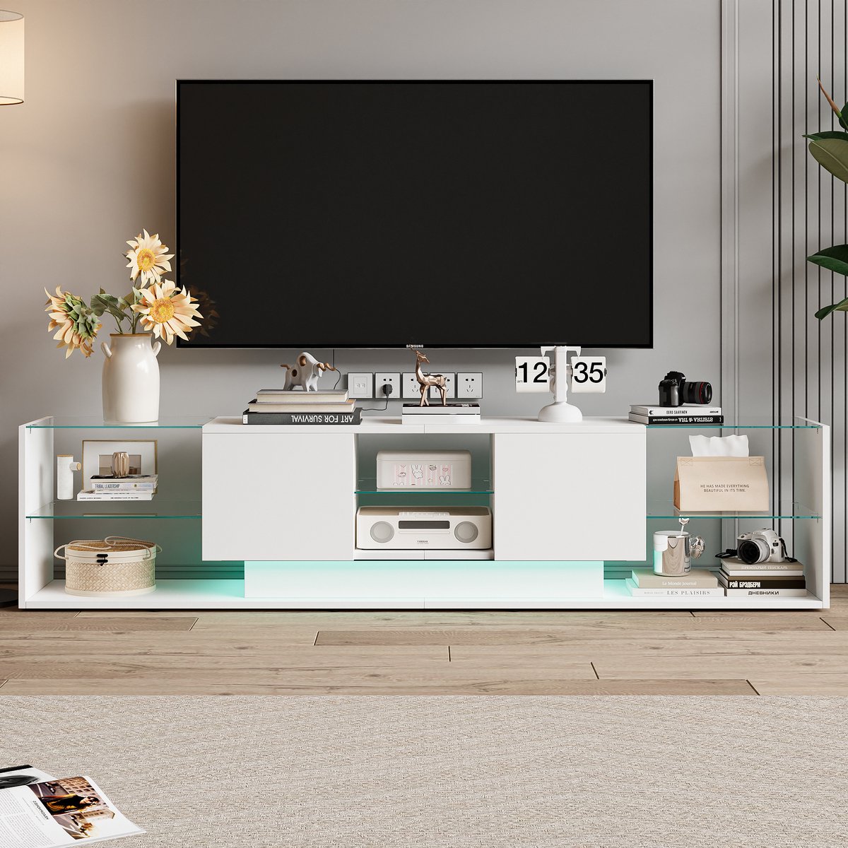 TV Meubel 200 cm Hoogglans Wit – LED TV Kast Scandinavisch Design met Opbergruimte