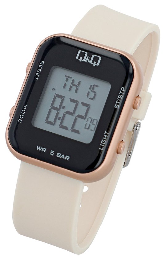 Roze digitale Q&Q horloge met witte band. Toont "TH 5 8:22".