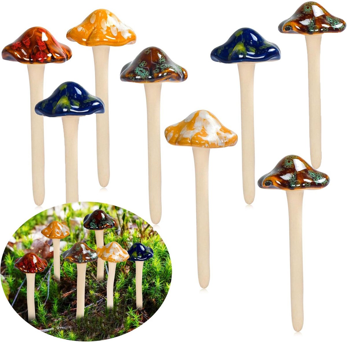 8 Stuks Keramische Paddenstoelen voor Tuin – Handgemaakte Mini Paddenstoel Decoratie voor Fairy Garden, Bloempotten, Terrarium, Plantenbak, Balkon en Buitenruimte