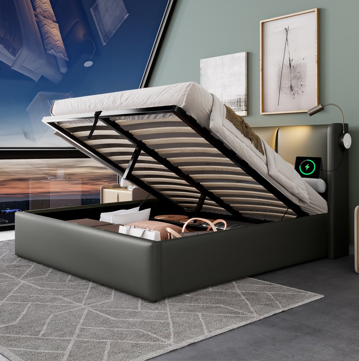 Gestoffeerd Bed 180x200 cm - Met Leeslamp en 2 USB-Aansluitingen - Opbergruimte en Lattenbodem - Zonder Matras - Kunstleer - Grijs