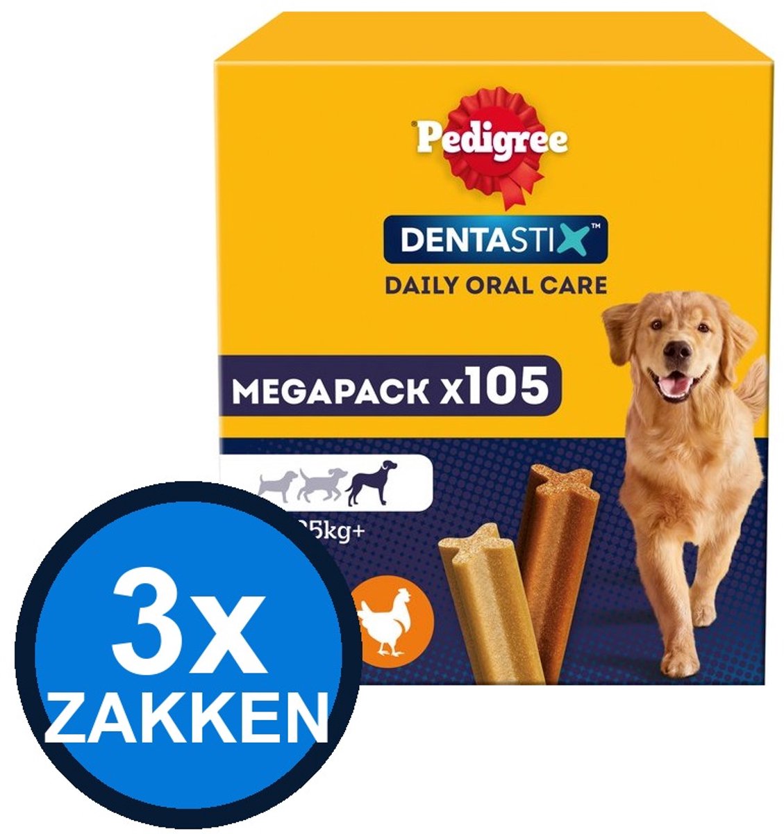 3x Pedigree - Dentastix Maxi Mega Pack 105-pack Multipack (15x110g) - Hondenvoer Snacks - 1.65 kg
