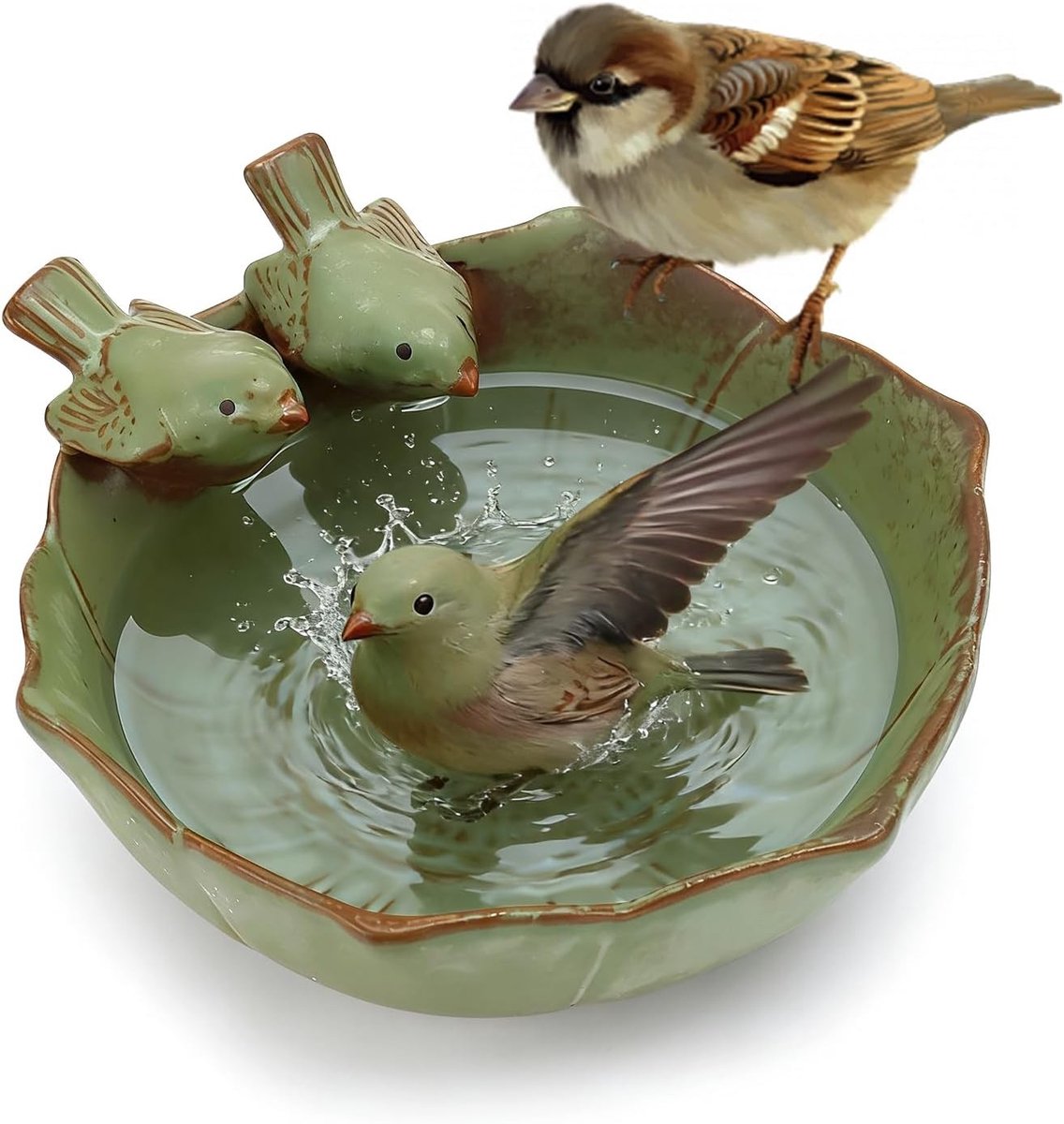 Vogelbad voor Balkon - Keramiek Groen - Winterbestendig - Decoratief Ontwerp - Voor Vogels