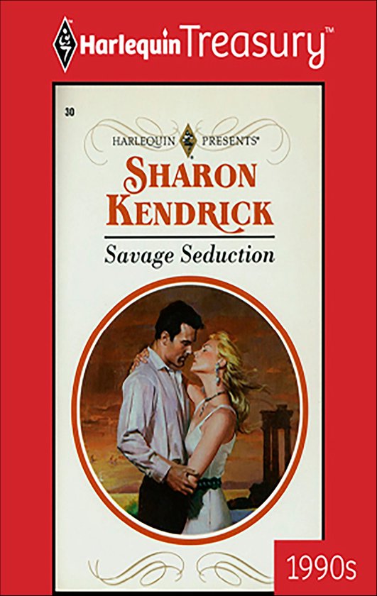 Pocketboek Harlequin Treasury: Savage Seduction van Sharon Kendrick, met een romantische illustratie van een koppel.