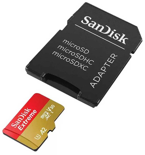 SanDisk microSD-kaart met adapter. De kaart is rood en goudkleurig met "SanDisk Extreme" erop.