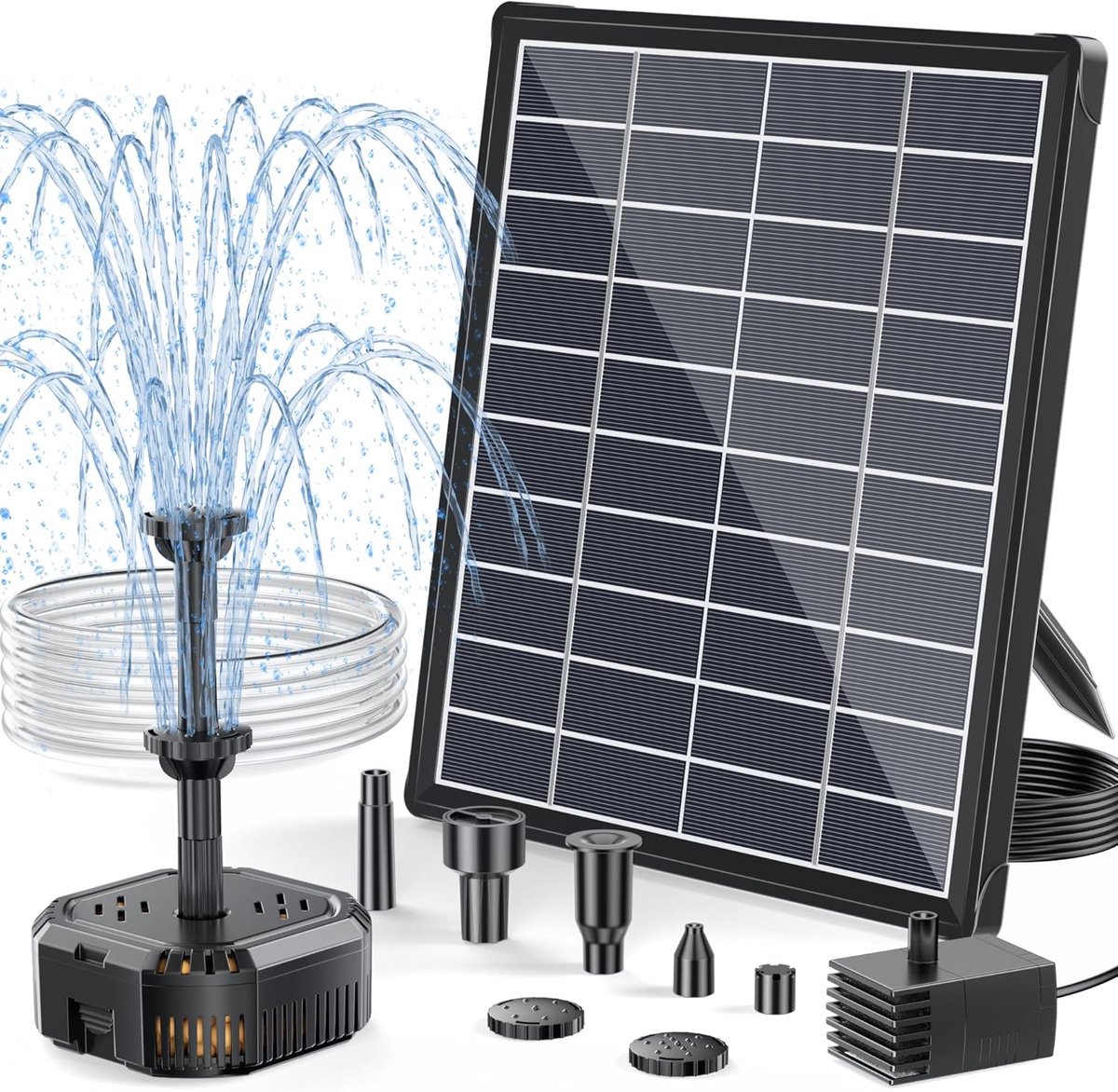 POPOSOAP Solarfontein met filter – 6,5W buitenfontein op zonne-energie, die zorgt voor een stabiele werking gedurende de dag; uitgerust met een compacte filterbox, geschikt voor kleine vijvers, vogelbadjes of aquariums.