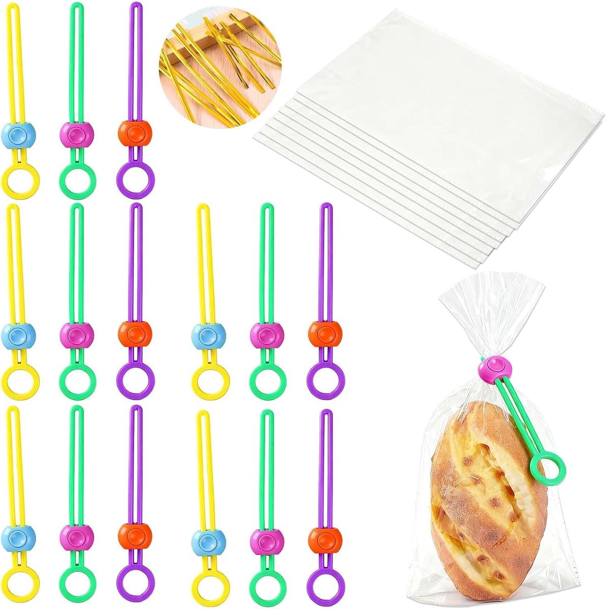 Transparante bakzakken met sluitclips, 15 stuks – 18x30 cm – kleurrijke hersluitbare zakken voor brood, koekjes, cadeauverpakking en bakkersgebruik