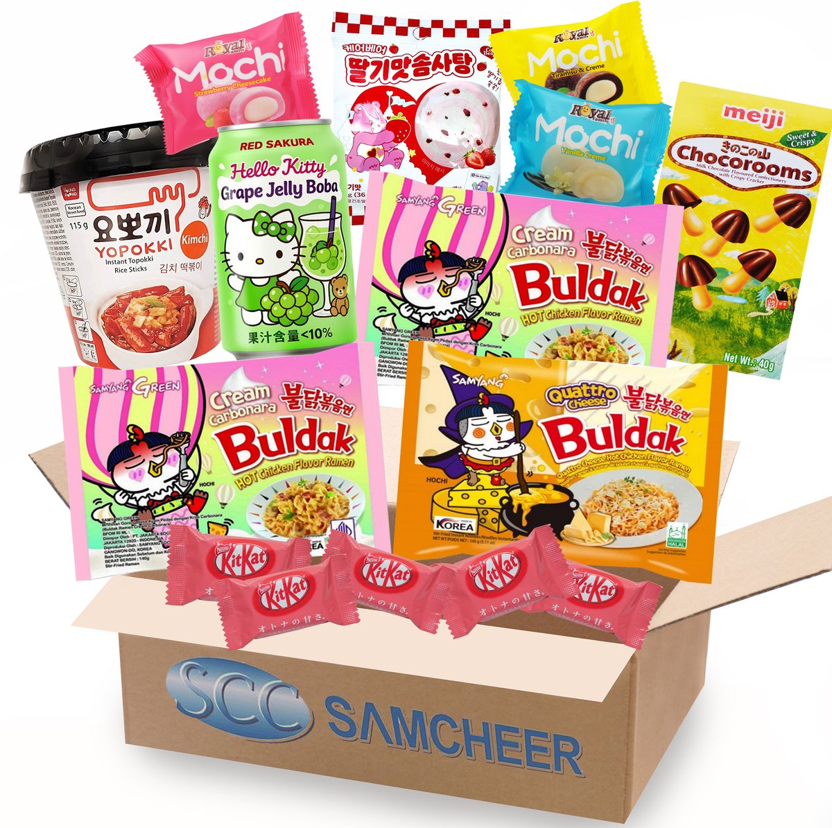 Samyang Buldak Cream Carbonara & Quattro Cheese Noodles - Koreaanse Snack Noedel Topokki box