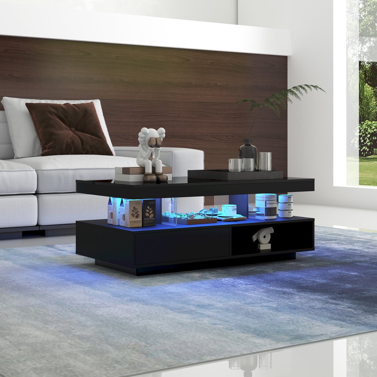 Zwarte hoogglans banktafel - Hoogglans Zwarte Salontafel 95x50x42,5 cm – met 4 Glazen Planken – 2 lades en 2 open vakken – Woonkamermeubel – Salontafel