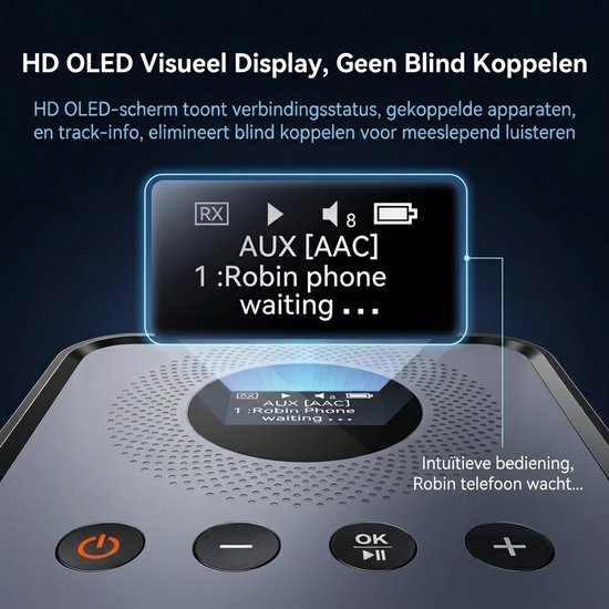 Fokelyi - Bluetooth-ontvanger/zender - Audio/tv/computersystemen met ondersteuning voor OLED-display/lage latentie/HD Bluetooth-audioadapter, uitgerust met USB/optische/RCA/3,5 mm AUX-ingang/uitgang. — afbeelding 3