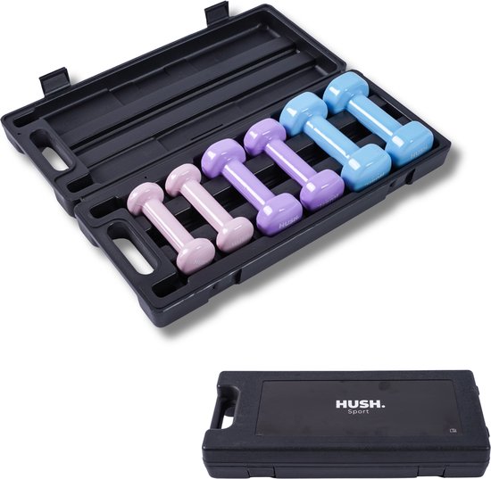 Zwarte HUSH Sport koffer open met 6 dumbbells: 2 roze (0,5 kg), 2 paarse (1 kg), 2 lichtblauwe (1,5 kg).