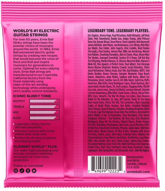 Roze verpakking met een eagle-illustratie, tekst "SUPER SLINKY", "CUSTOM GAUGE 2223", "NICKEL WOUND GUITAR STRINGS" en "MADE IN USA".