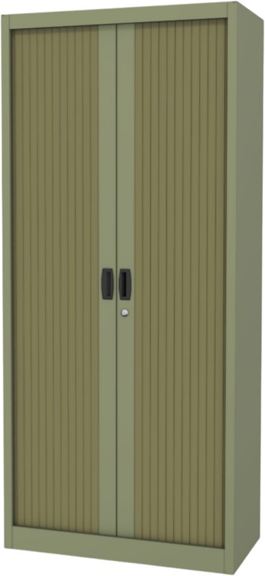 Groene archiefkast met dubbele roldeuren en slot.
