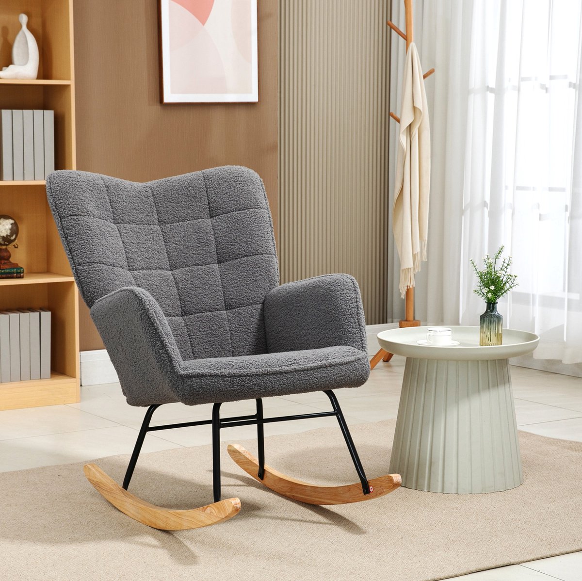 OKWISH Schommelstoel 71 x 98 x 101 cm - Zachte Berberlook Bekleding Met Armleuningen En Hoge Rugleuning - Voor Woonkamer Of Slaapkamer - Polyester - Donkergrijs