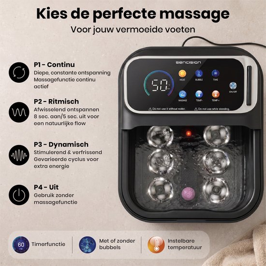 Detail van het zwarte voetenbad met massageknoppen, bubbels en digitaal display met timer.